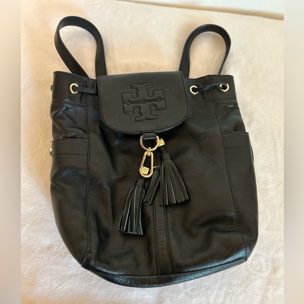Tory Burch Black Leather Logo Drawstring Backpack - Picture 16 of 16